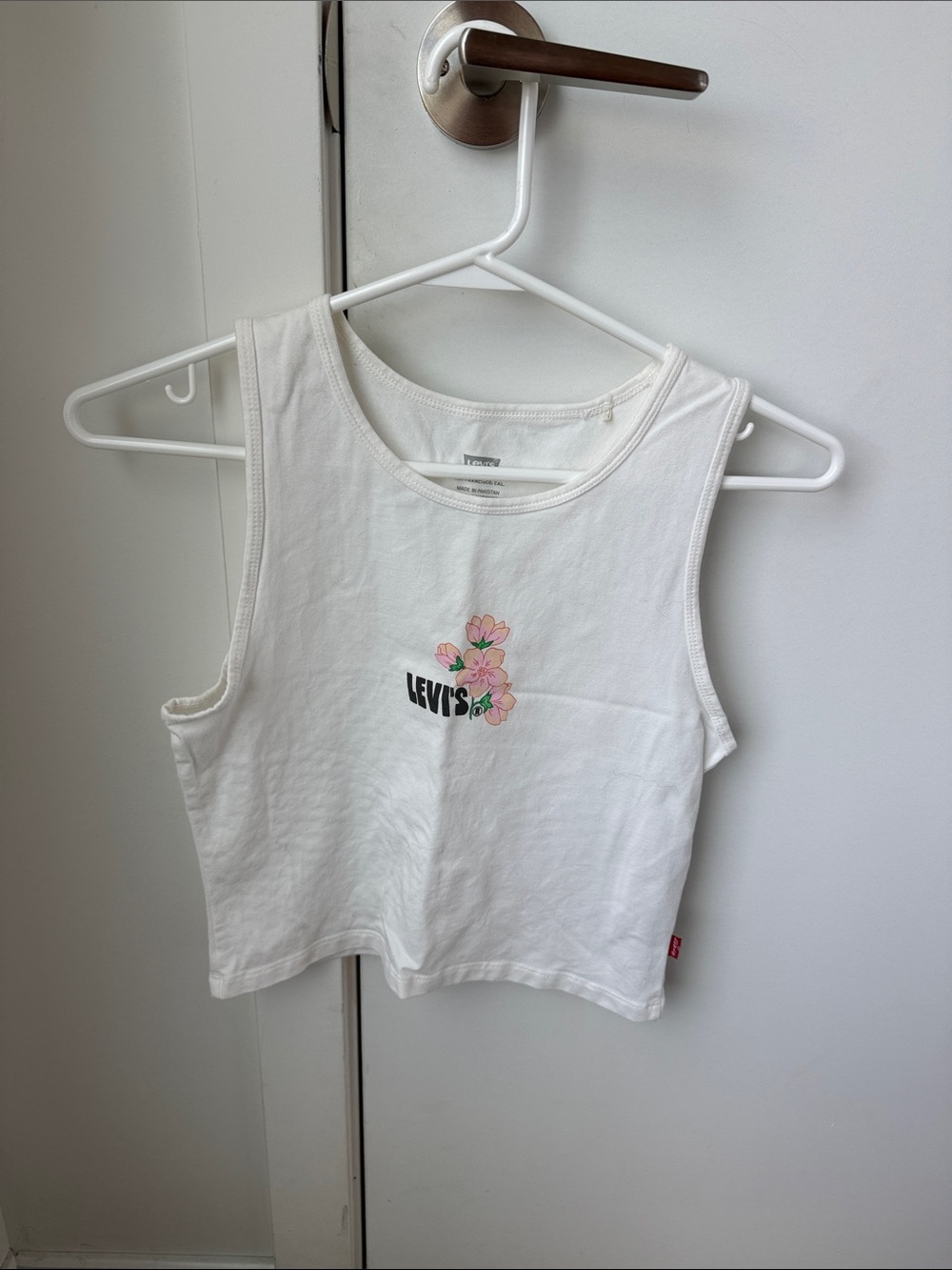 Levi's White Crop Tank with Pink Floral Logo